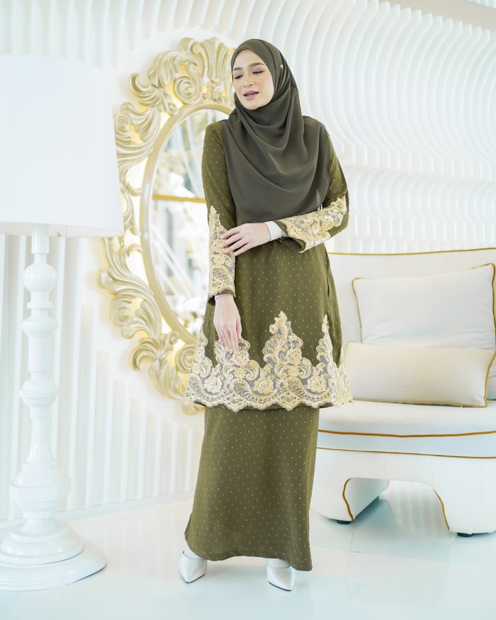 Baju Kurung Pahang Lace Ramadhani 2.0  - Olive Green - Image 3