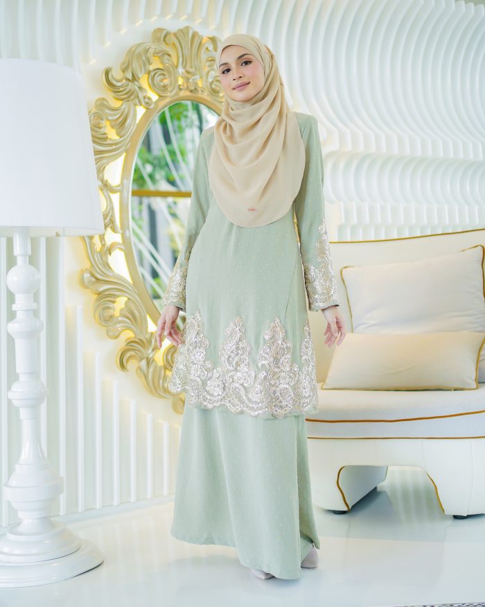 Baju Kurung Moden Lace Ratu - Sage Green - Image 3