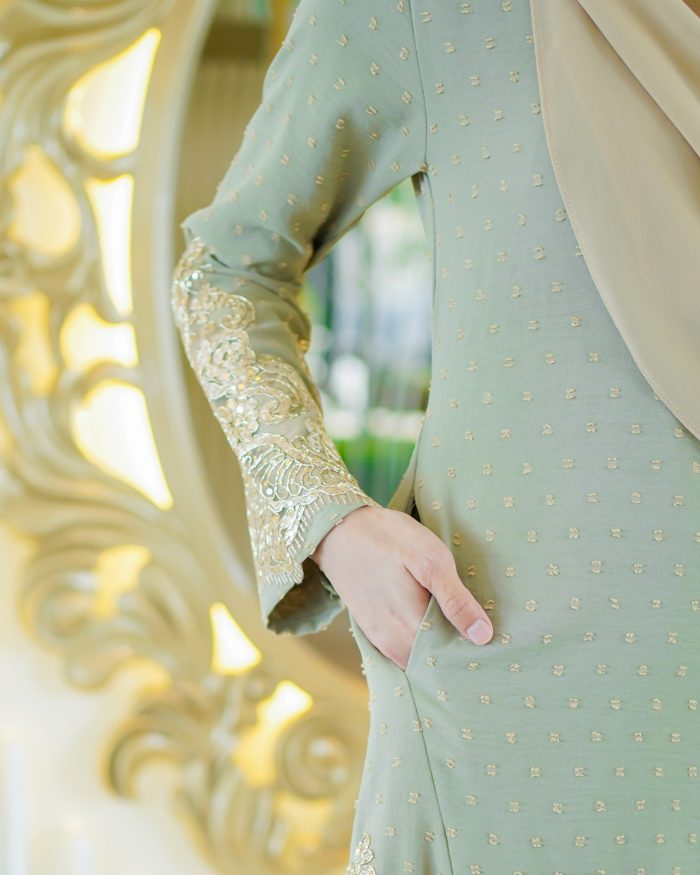 Baju Kurung Moden Lace Ratu - Sage Green - Image 5