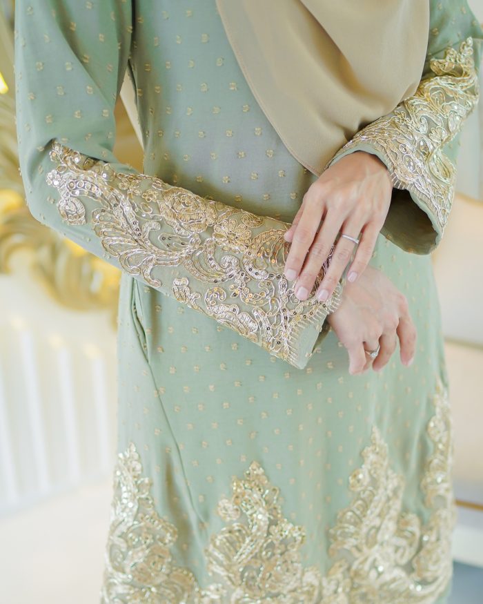 Baju Kurung Moden Lace Ratu - Sage Green - Image 4