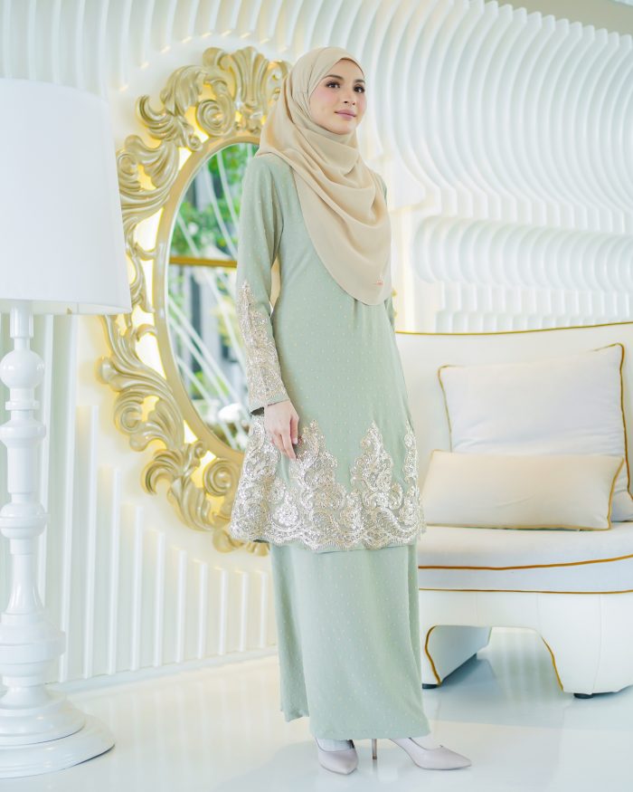 Baju Kurung Moden Lace Ratu - Sage Green - Image 2