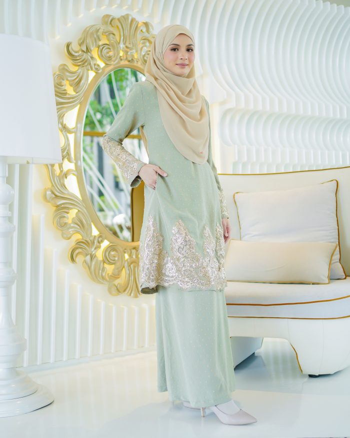 Baju Kurung Moden Lace Ratu - Sage Green