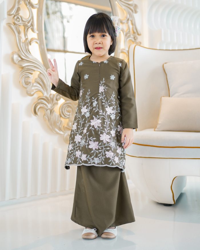 Baju Kurung Riau Sulam Rasyiqah Kids - Olive Green