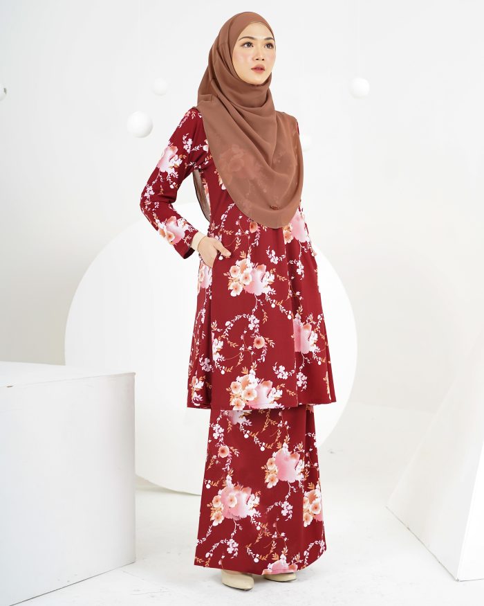 Baju Kurung Laura Printed 5.0 - Maroon Firmiana - Image 2