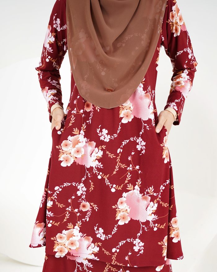 Baju Kurung Laura Printed 5.0 - Maroon Firmiana - Image 4