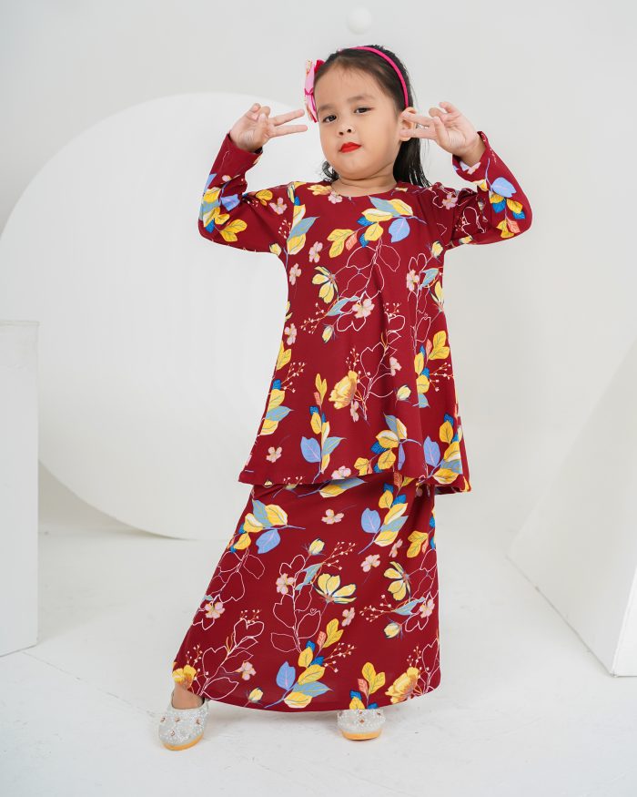 Baju Kurung Lola Printed Kids 2.0 - Calynia Maroon