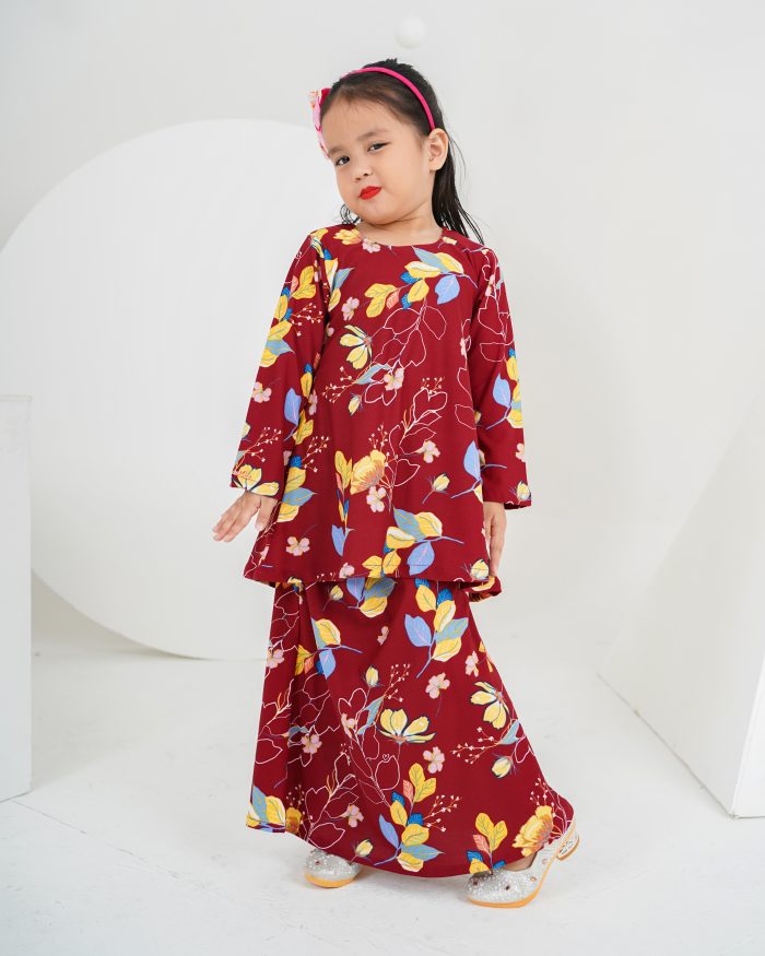 Baju Kurung Lola Printed Kids 2.0 - Calynia Maroon - Image 2