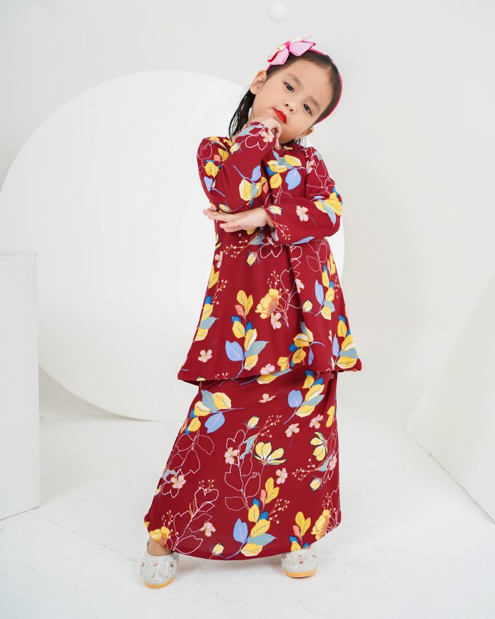 Baju Kurung Lola Printed Kids 2.0 - Calynia Maroon - Image 4