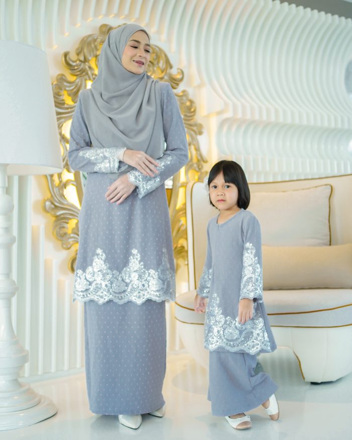 Baju Kurung Moden Lace Ratu Kids - Ash Grey - Image 4