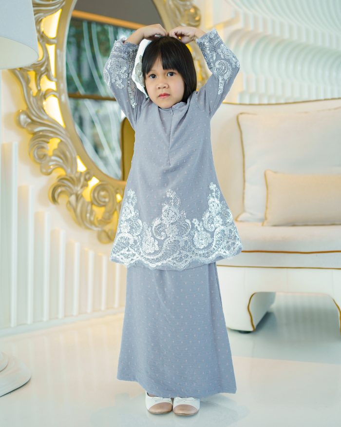 Baju Kurung Moden Lace Ratu Kids - Ash Grey - Image 3