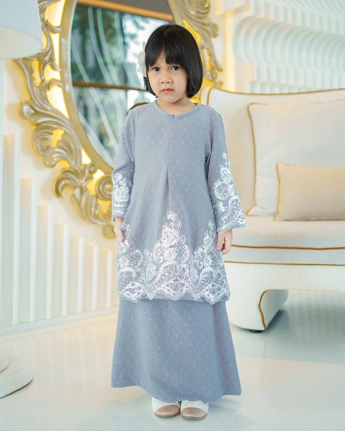 Baju Kurung Moden Lace Ratu Kids - Ash Grey - Image 2