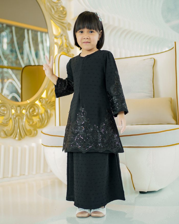 Baju Kurung Moden Lace Ratu Kids - Jade Black - Image 2