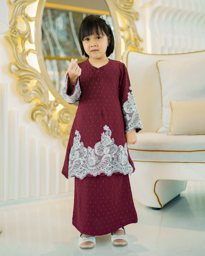 Baju Kurung Moden Lace Ratu Kids - Maroon Berry