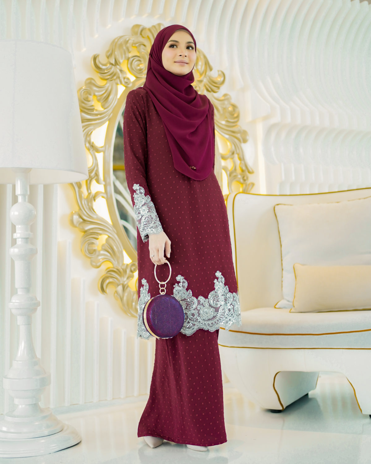 Baju Kurung Moden Lace Ratu Maroon Berry Kualiti Designer Harga