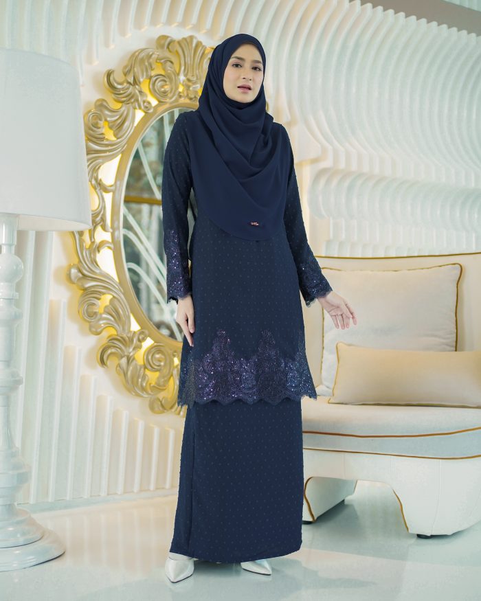 Baju Kurung Moden Lace Ratu - Navy Blue