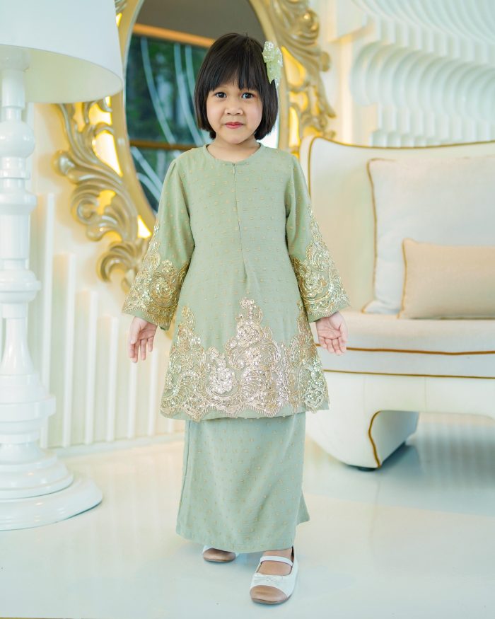 Baju Kurung Moden Lace Ratu Kids - Sage Green