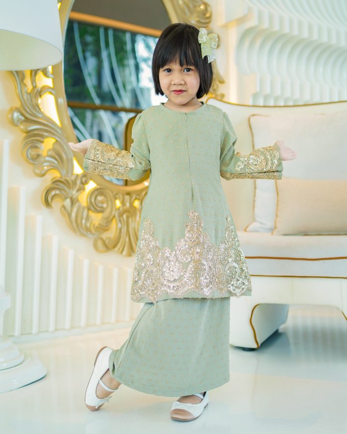 Baju Kurung Moden Lace Ratu Kids - Sage Green - Image 2