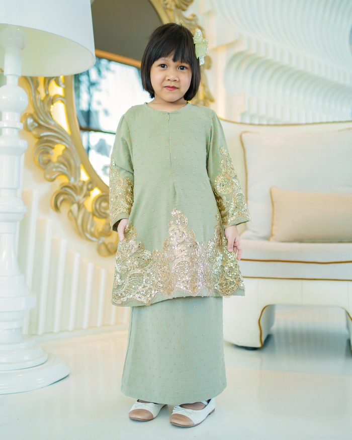 Baju Kurung Moden Lace Ratu Kids - Sage Green - Image 3