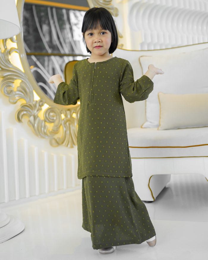 Baju Kurung Moden Rania Kids - Olive Green - Image 2