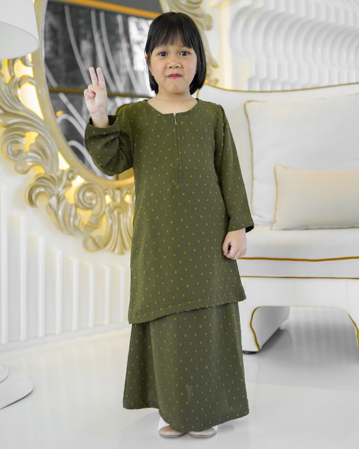 Baju Kurung Moden Rania Kids - Olive Green - Image 3