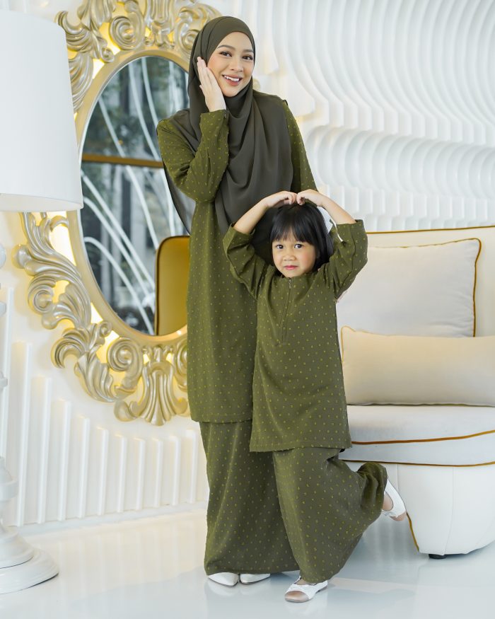 Baju Kurung Moden Rania Kids - Olive Green - Image 4