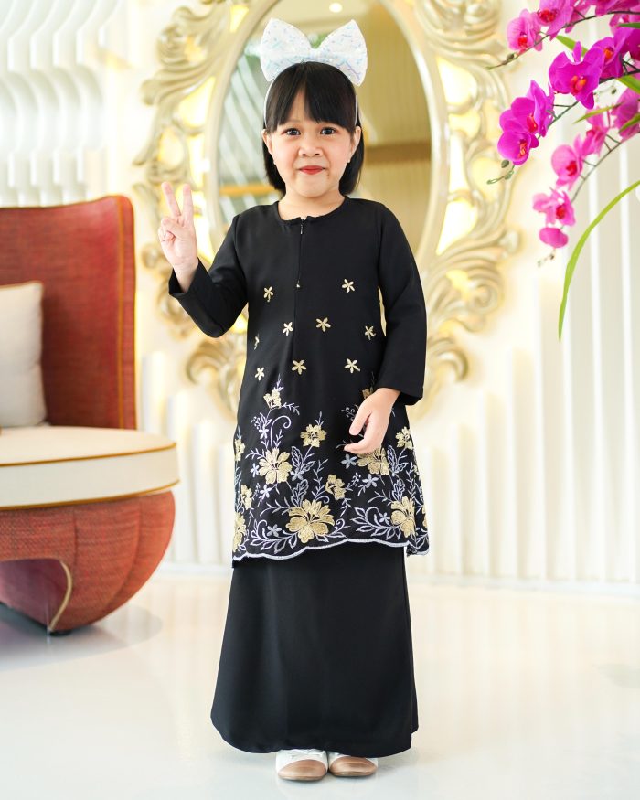 Baju Kurung Riau Sulam Rasheeda Kids - Matte Black