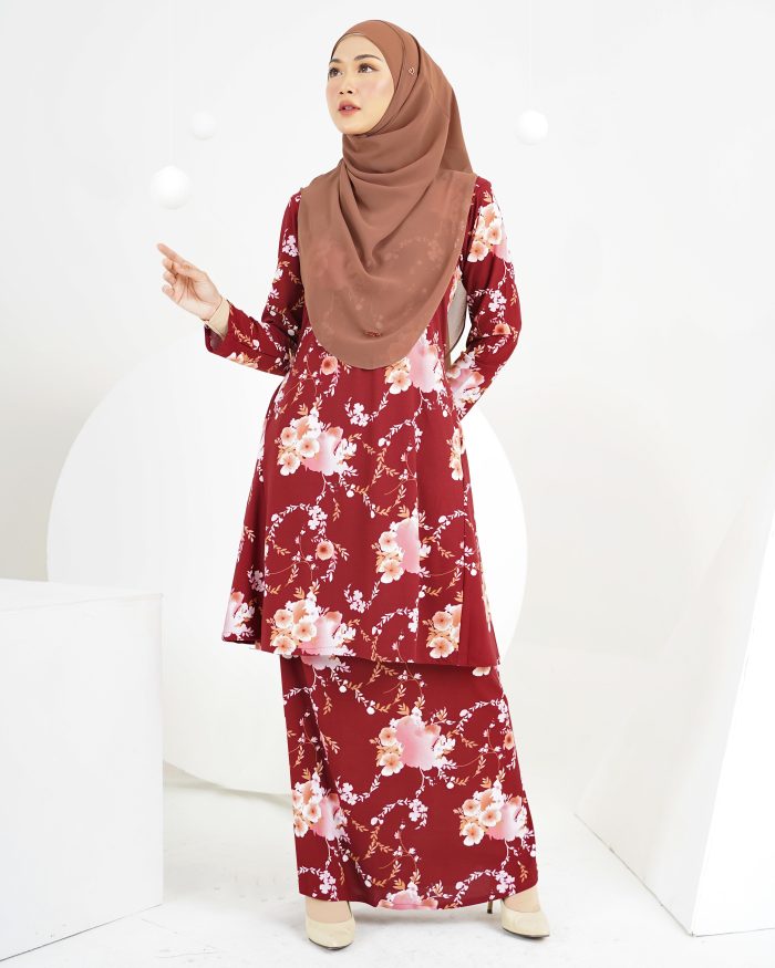 Baju Kurung Laura Printed 5.0 - Maroon Firmiana