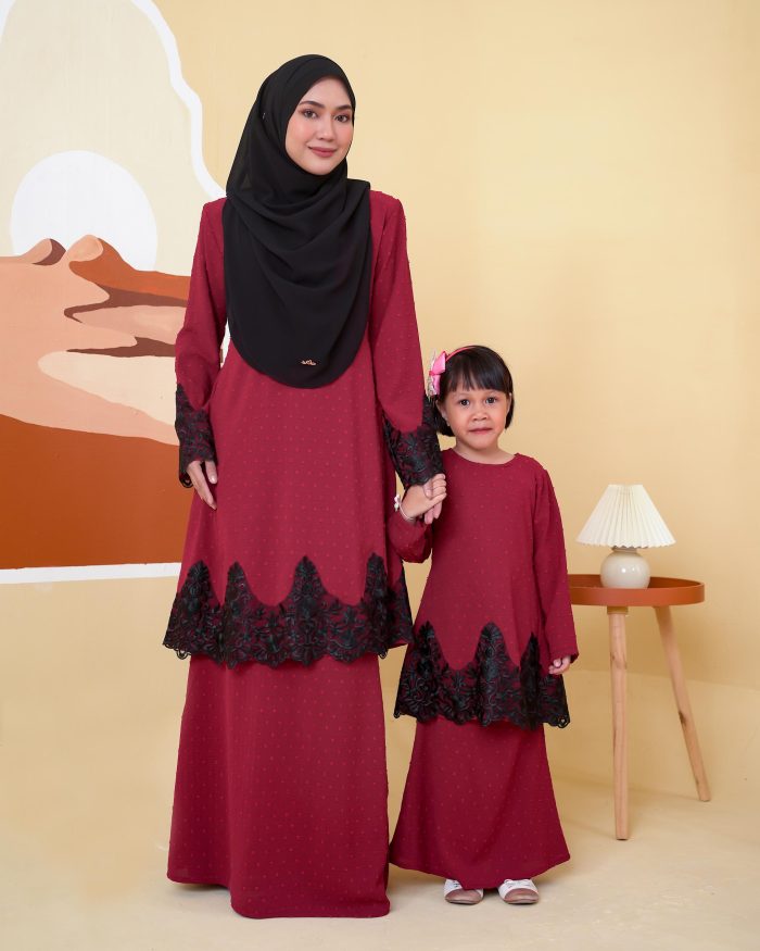 Baju Kurung Pahang Lace Ramadhani Kids 3.0 - Maroon - Image 5