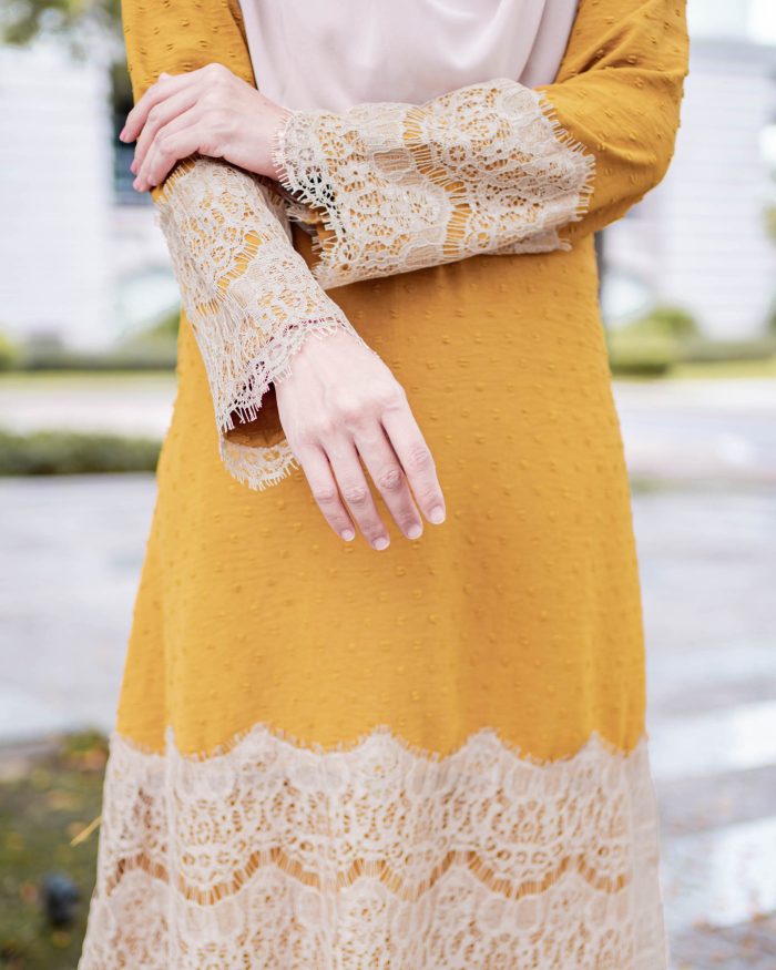 Baju Kurung Riau Lace Suzana - Gold Mustard - Image 4