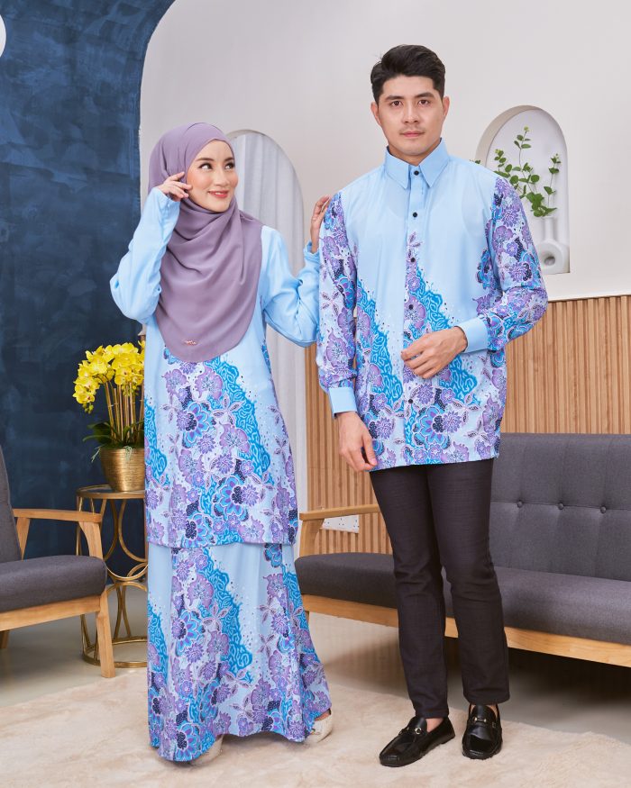 Baju Kurung Moden Batik Sultanah - Anggerik Dusty Blue - Image 4