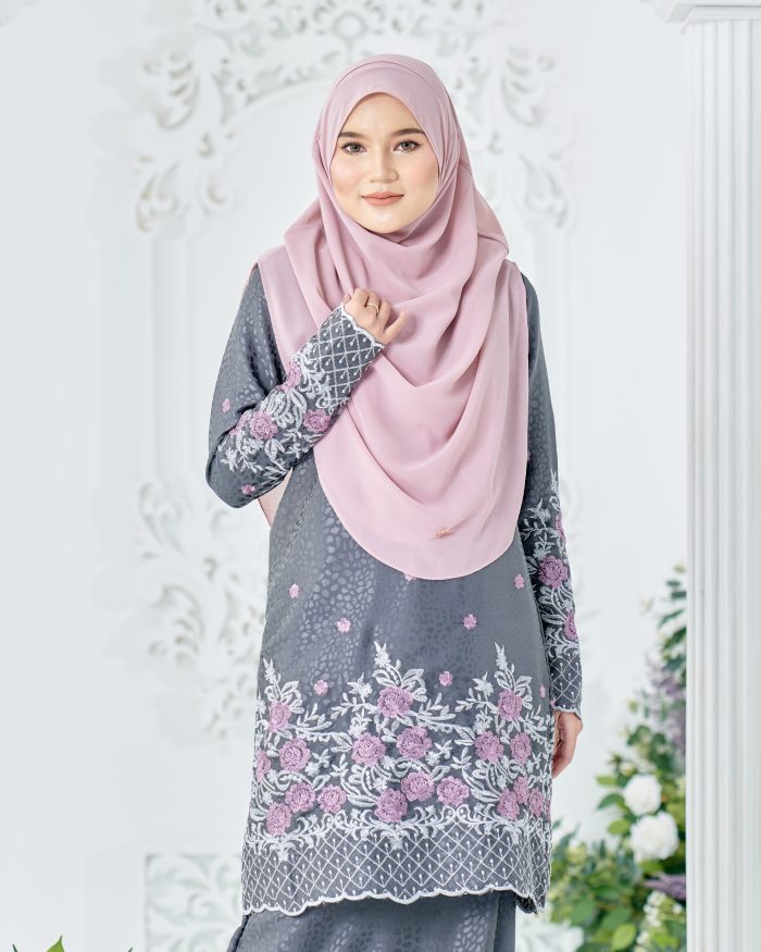 Baju Kurung Sulam Mahsuri - Rose Dark Grey - Image 5