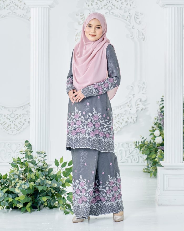 Baju Kurung Sulam Mahsuri - Rose Dark Grey - Image 3