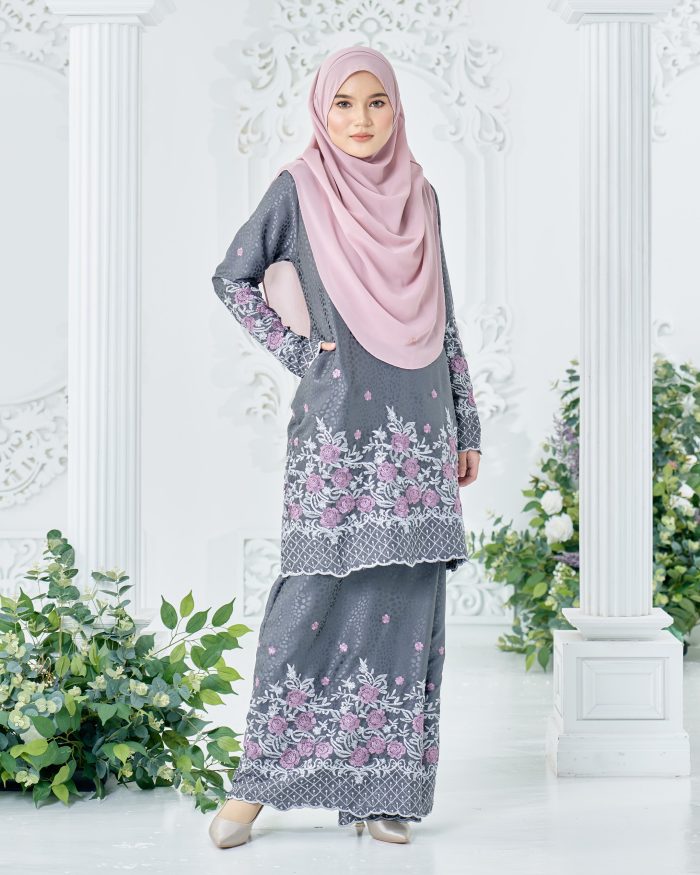 Baju Kurung Sulam Mahsuri - Rose Dark Grey - Image 2