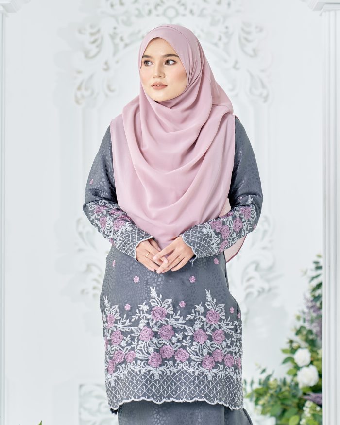 Baju Kurung Sulam Mahsuri - Rose Dark Grey - Image 4