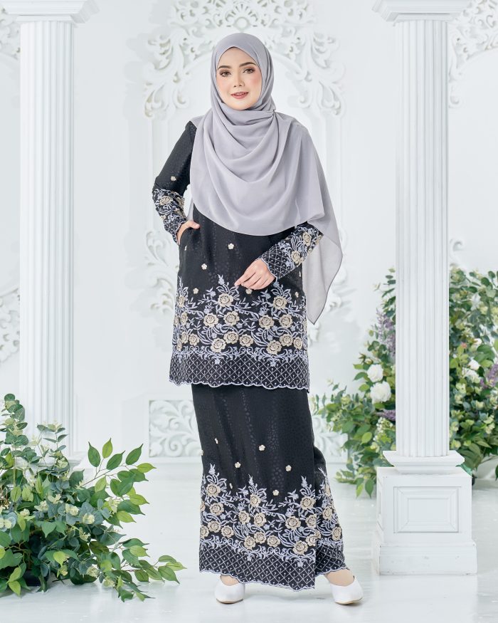 Baju Kurung Sulam Mahsuri - Rose Matte Black