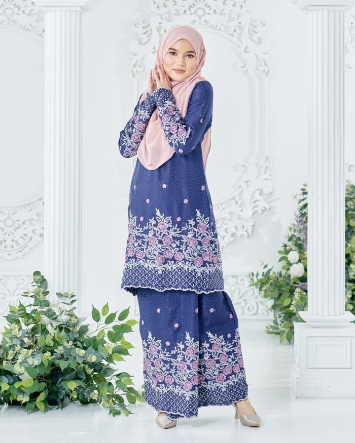 Baju Kurung Sulam Mahsuri - Rose Navy Blue - Image 2