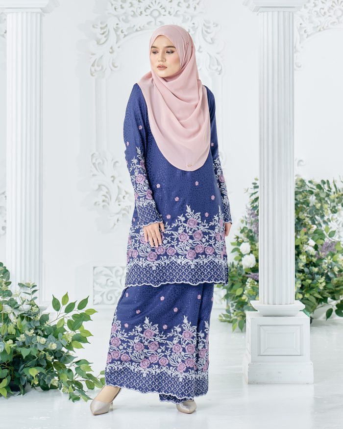 Baju Kurung Sulam Mahsuri - Rose Navy Blue