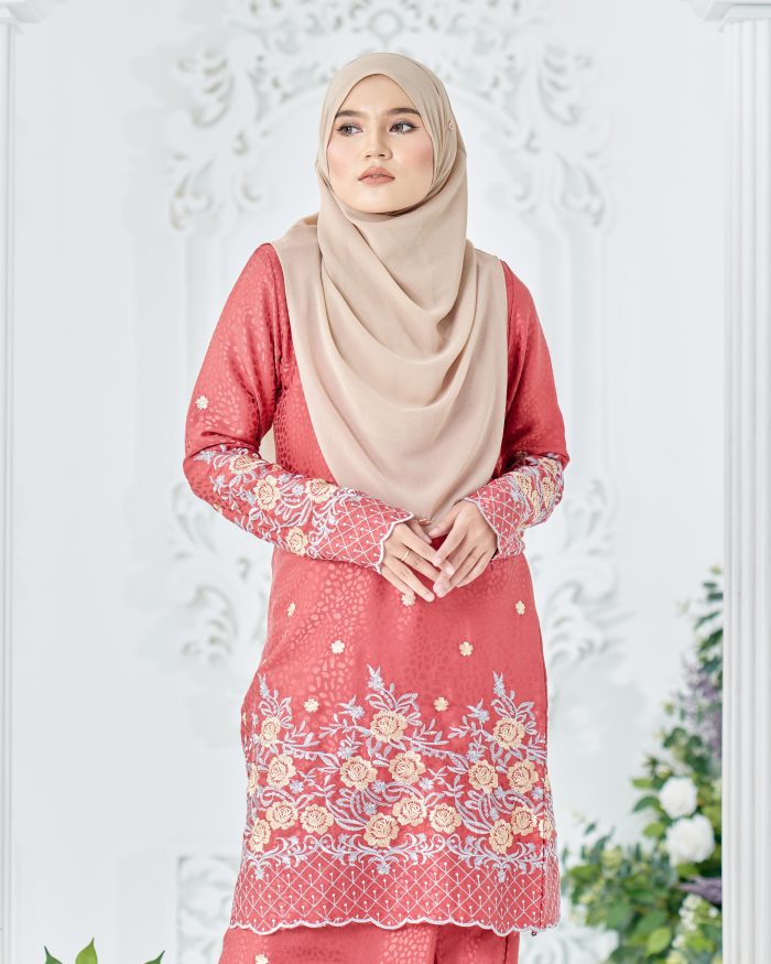 Baju Kurung Sulam Mahsuri - Rose Red Orange - Image 3