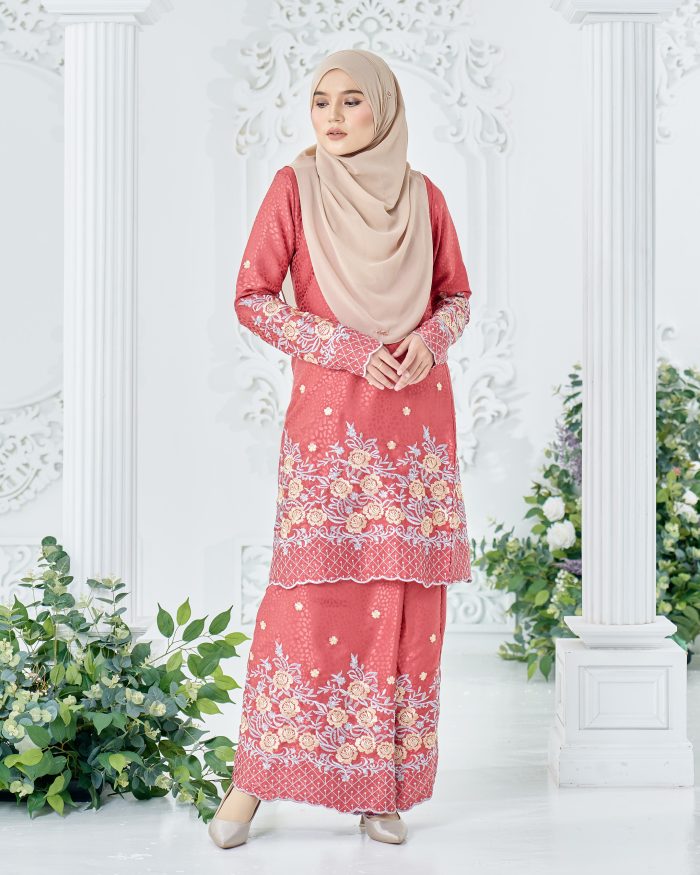 Baju Kurung Sulam Mahsuri - Rose Red Orange - Image 2