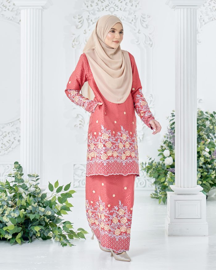 Baju Kurung Sulam Mahsuri - Rose Red Orange