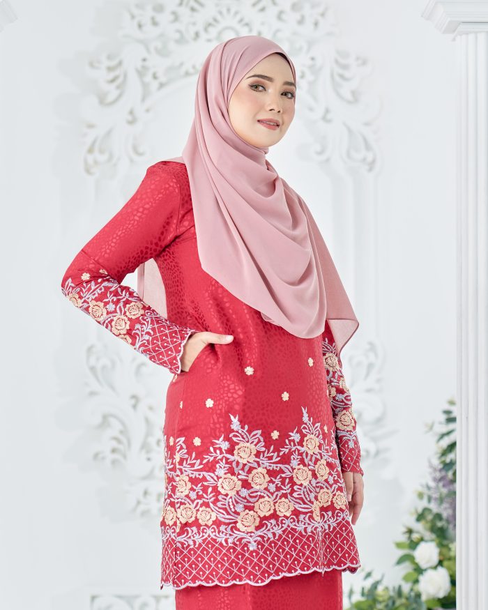 Baju Kurung Sulam Mahsuri - Rose Ruby Red - Image 5