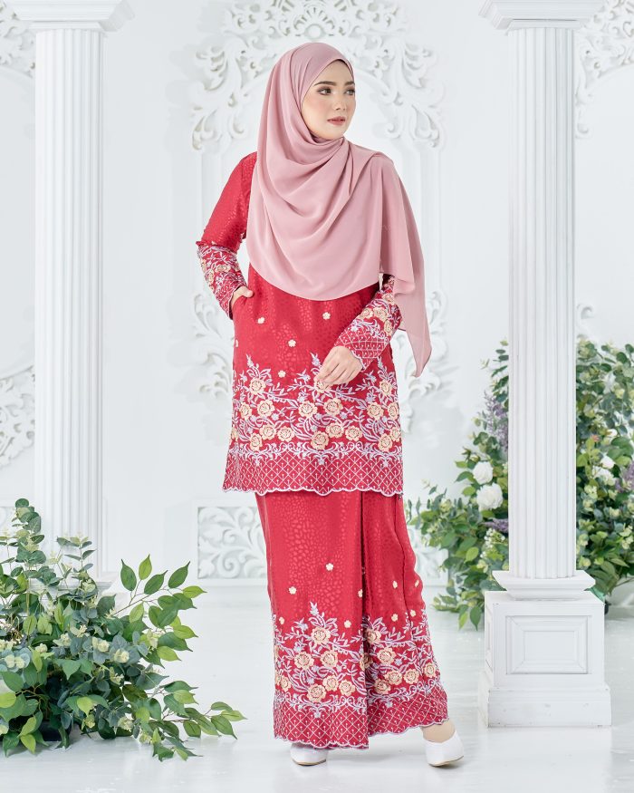 Baju Kurung Sulam Mahsuri - Rose Ruby Red - Image 3