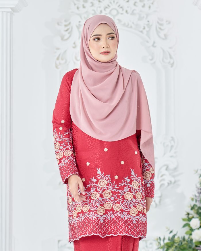 Baju Kurung Sulam Mahsuri - Rose Ruby Red - Image 4