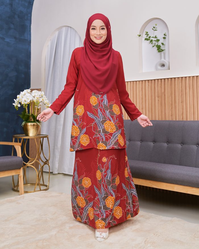 Baju Kurung Moden Batik Sultanah - Mawar Ruby Red