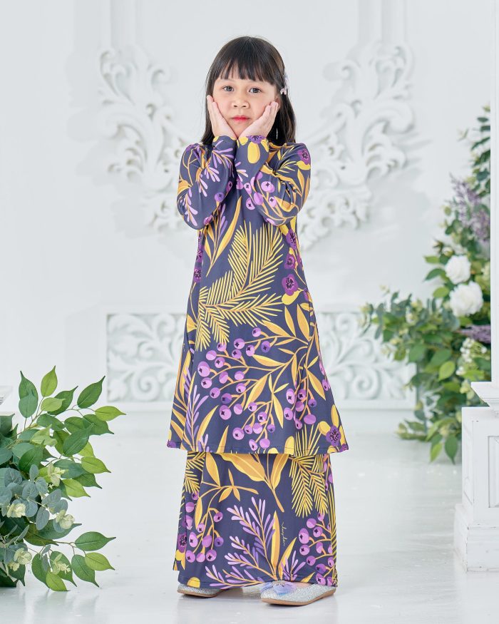 Baju Kurung Pahang Laura Printed Kids 8.0 - Grape Hyacinth - Image 2