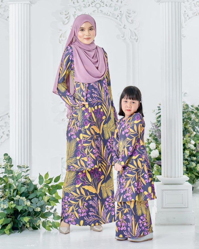 Baju Kurung Pahang Laura Printed Kids 8.0 - Grape Hyacinth - Image 4