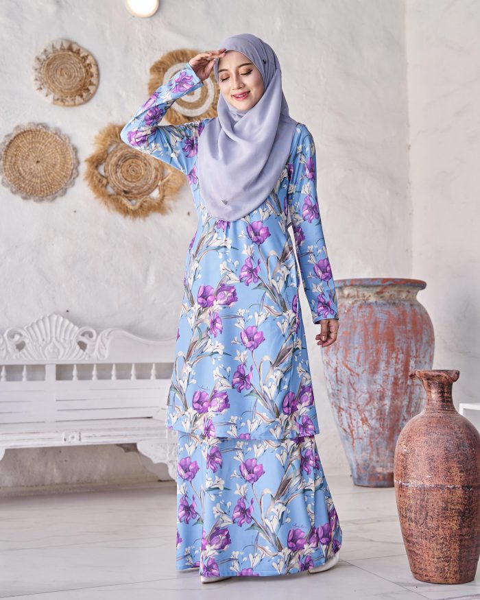 Baju Kurung Pahang Laura Printed 9.0 - Cerulean Tulips