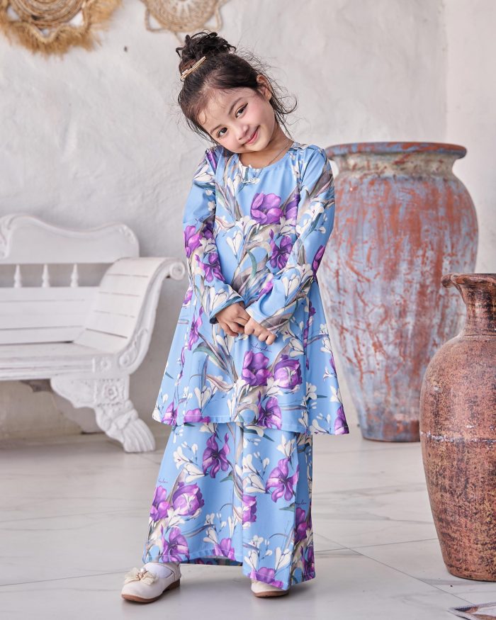 Baju Kurung Pahang Laura Printed Kids 9.0 - Cerulean Tulips