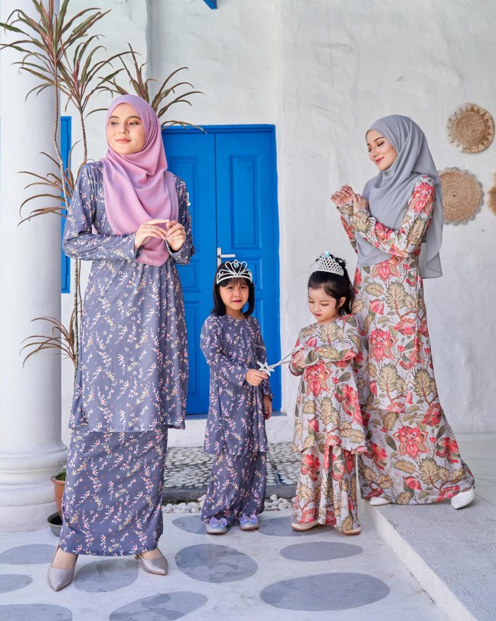 Baju Kurung Pahang Laura Printed Kids 9.0 - Verbena Gray - Image 4