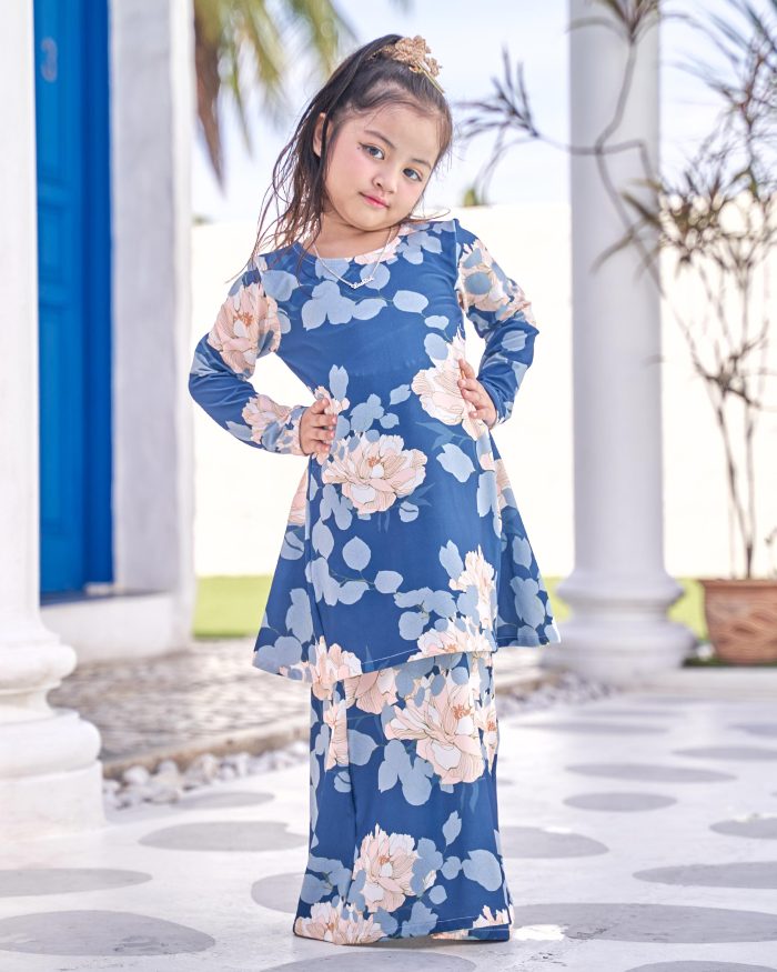 Baju Kurung Pahang Laura Printed Kids 9.0 - Blue Geranium